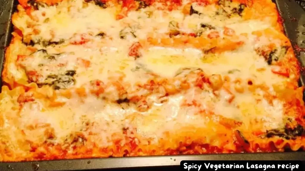 A delicious tray of spicy vegetarian lasagna fresh out of the oven.