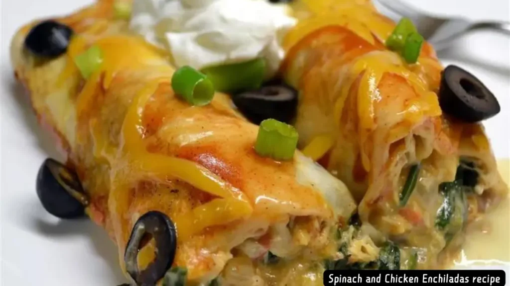 Close-up of Spinach and Chicken Enchiladas garnished with sliced olives and green onions.