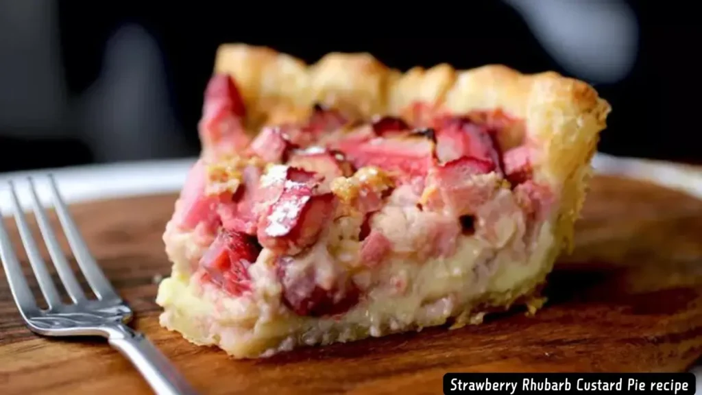 A slice of two-tier strawberry pie on a wooden plate with a fork, showcasing its layers of fresh strawberries and creamy filling.