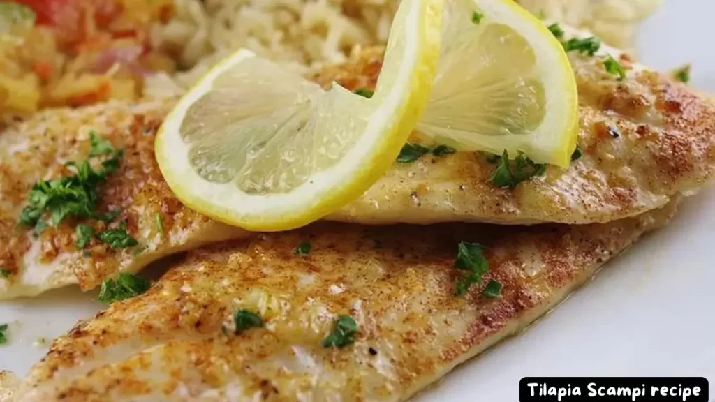 Close-up of baked Tilapia Scampi fillets garnished with lemon slices and parsley