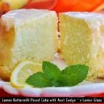 A slice of lemon buttermilk pound cake topped with a glossy lemon glaze.