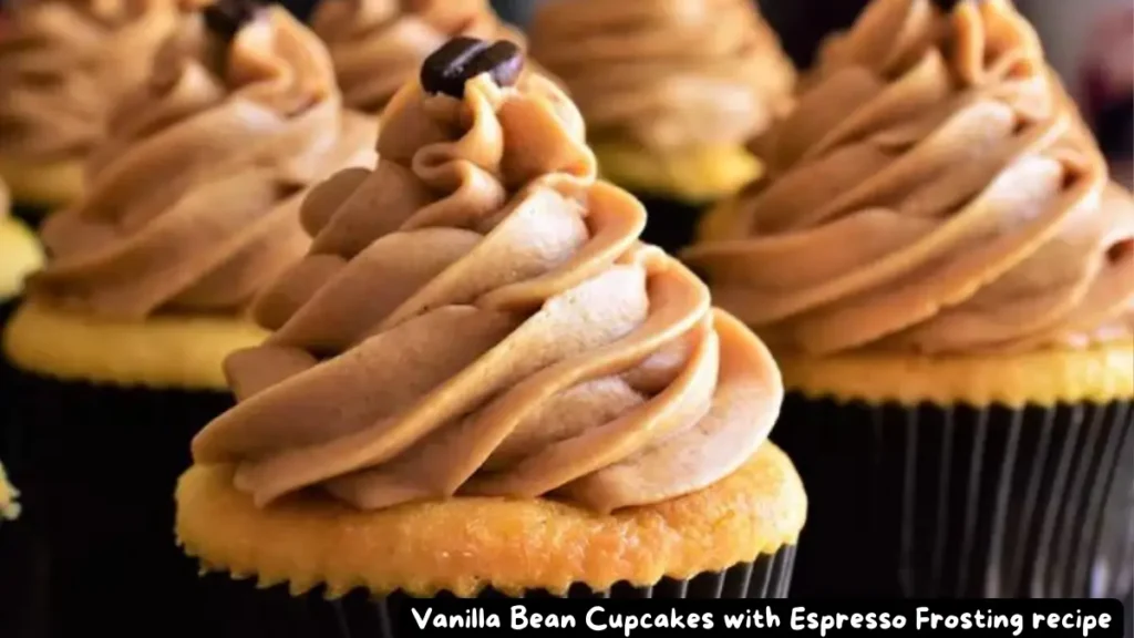 Close-up of Vanilla Bean Cupcakes topped with creamy Espresso Frosting.