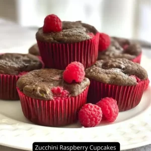 A dozen Zucchini Raspberry Cupcakes topped with fresh raspberries