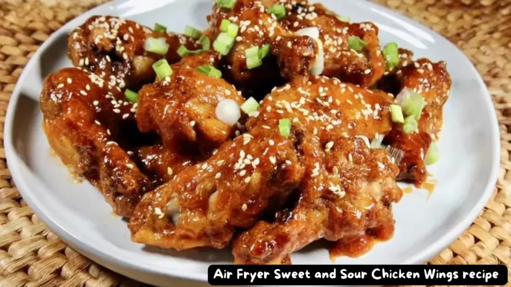 A plate of crispy air fryer sweet and sour chicken wings garnished with green onions and sesame seeds.