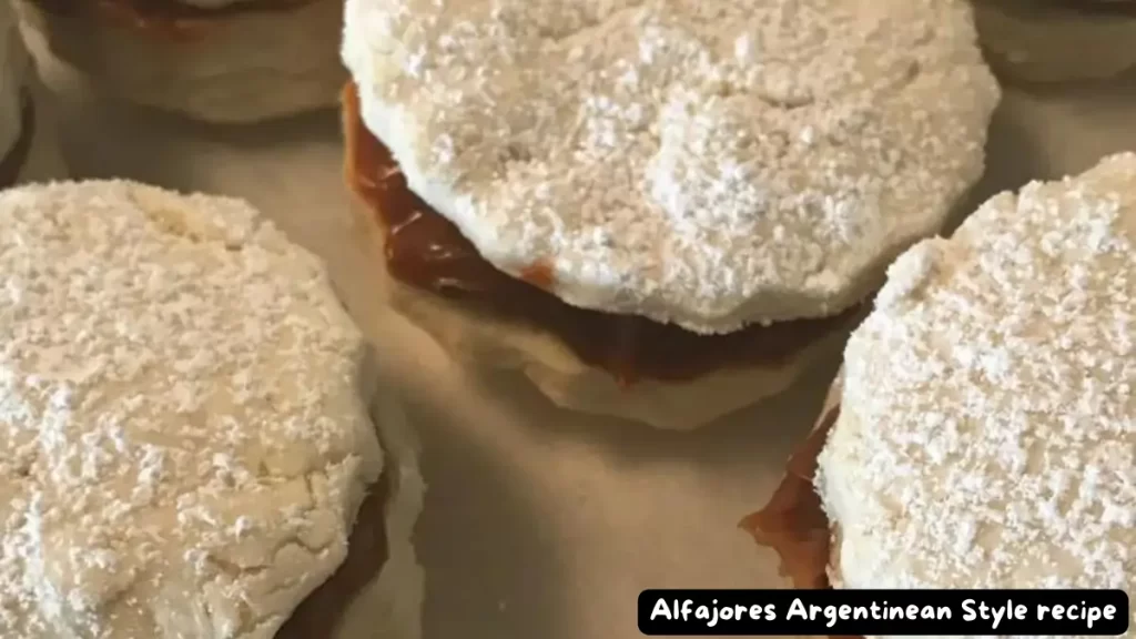 Close-up of traditional Argentinean Alfajores filled with dulce de leche and dusted with powdered sugar.