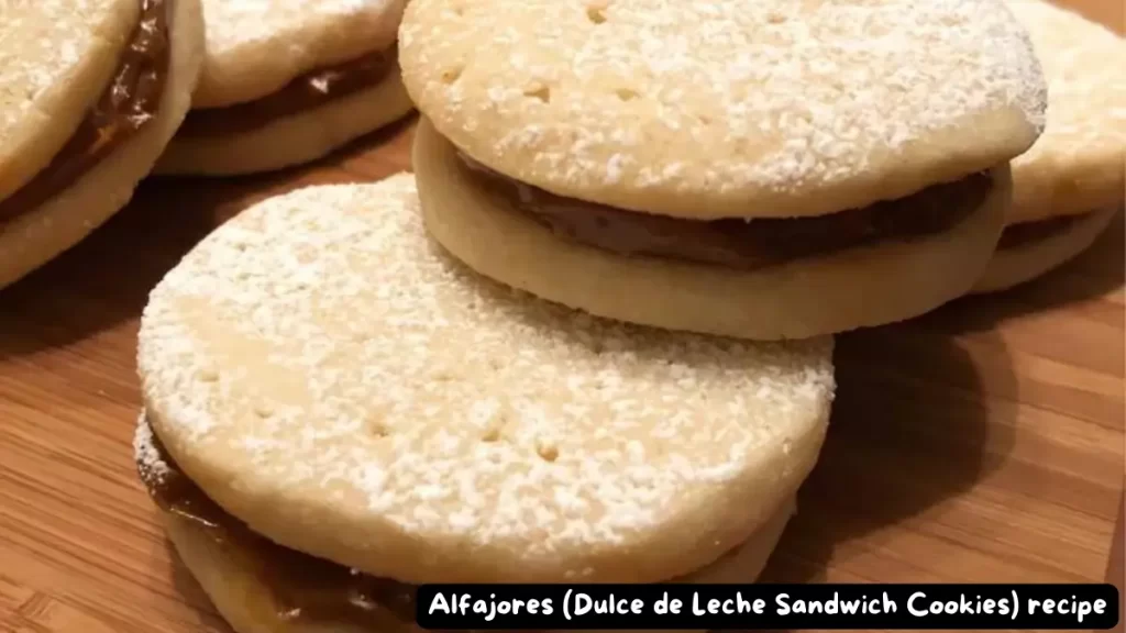 Close-up of delicious alfajores filled with dulce de leche and dusted with powdered sugar.