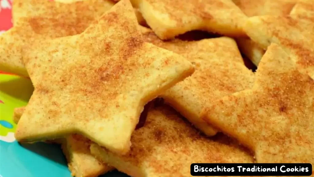 Close-up of star-shaped Biscochitos traditional cookies sprinkled with cinnamon sugar on a colorful plate.