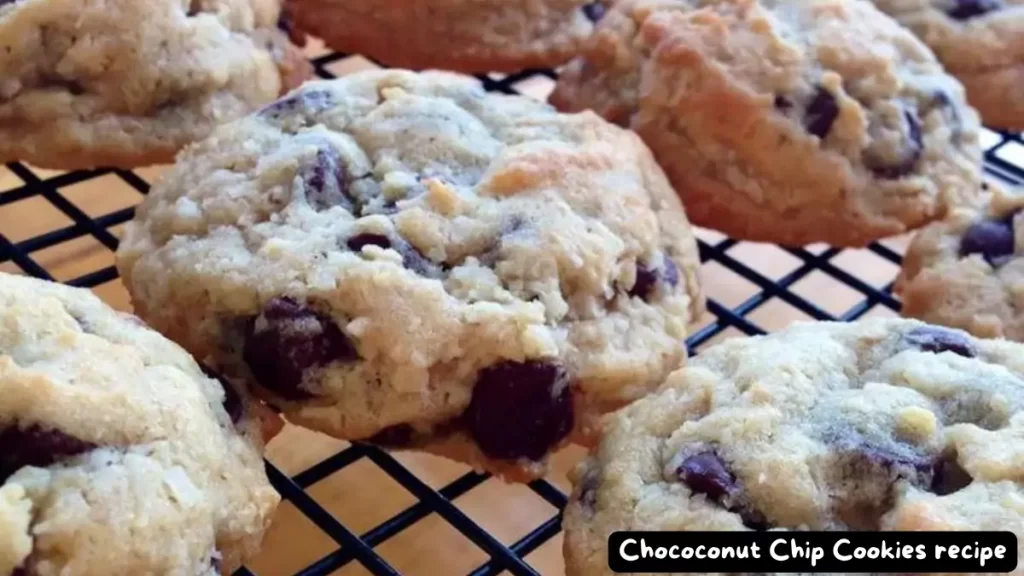 Close-up of chococonut chip cookies cooling on a wire rack.