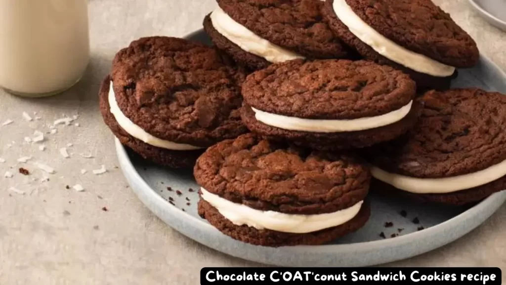 A plate of chocolate coconut sandwich cookies filled with creamy filling, accompanied by a glass of milk.