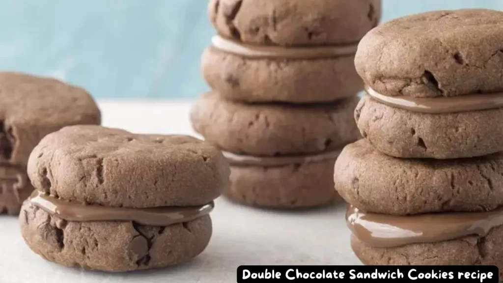 A stack of double chocolate sandwich cookies filled with creamy chocolate, showcasing a rich and delightful treat.