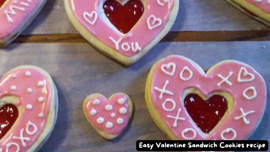 Heart-shaped Valentine sandwich cookies with pink icing and red filling.