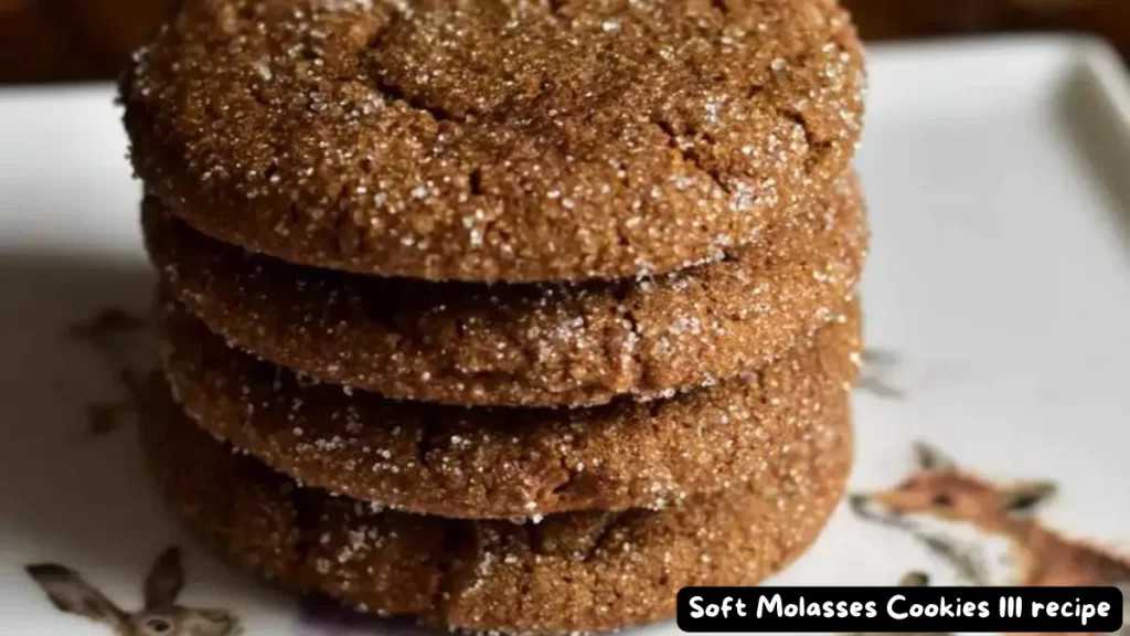 Stack of soft molasses cookies on a decorative plate, showcasing their sugar-coated texture.