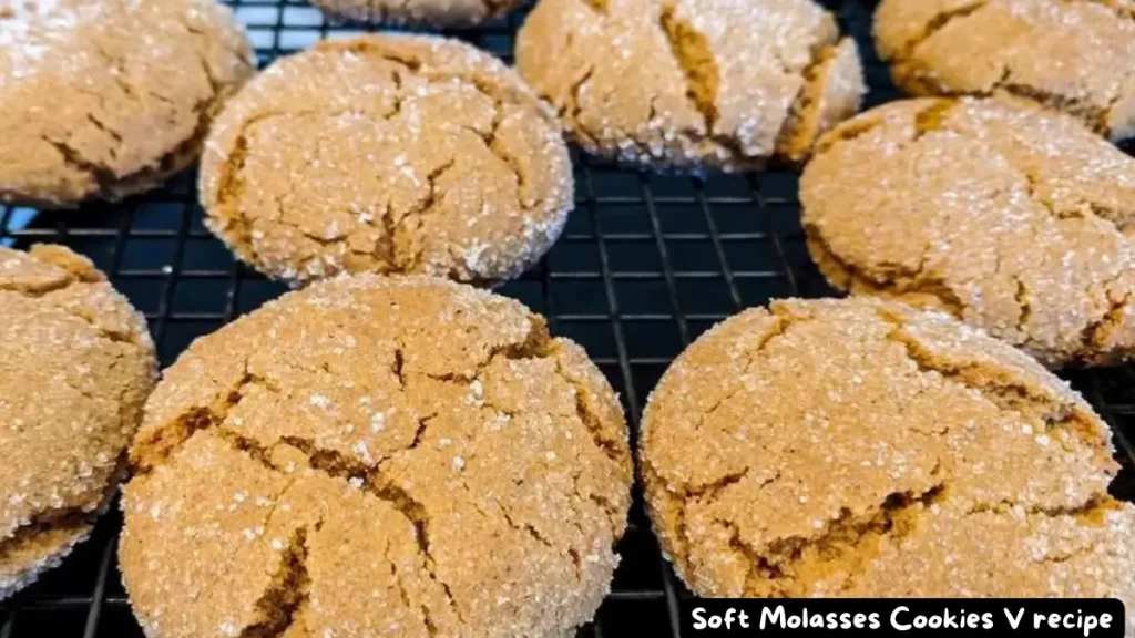 Soft Molasses Cookies V resting on a cooling rack, showcasing their cracked tops and sugar-coated surface.