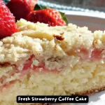 A slice of fresh strawberry coffee cake topped with a golden crumb topping on a white plate.