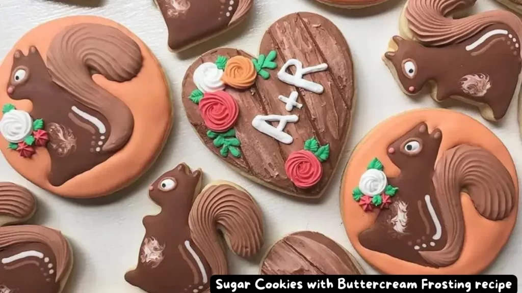 Deliciously decorated sugar cookies featuring intricate buttercream frosting designs, including squirrels and floral patterns.