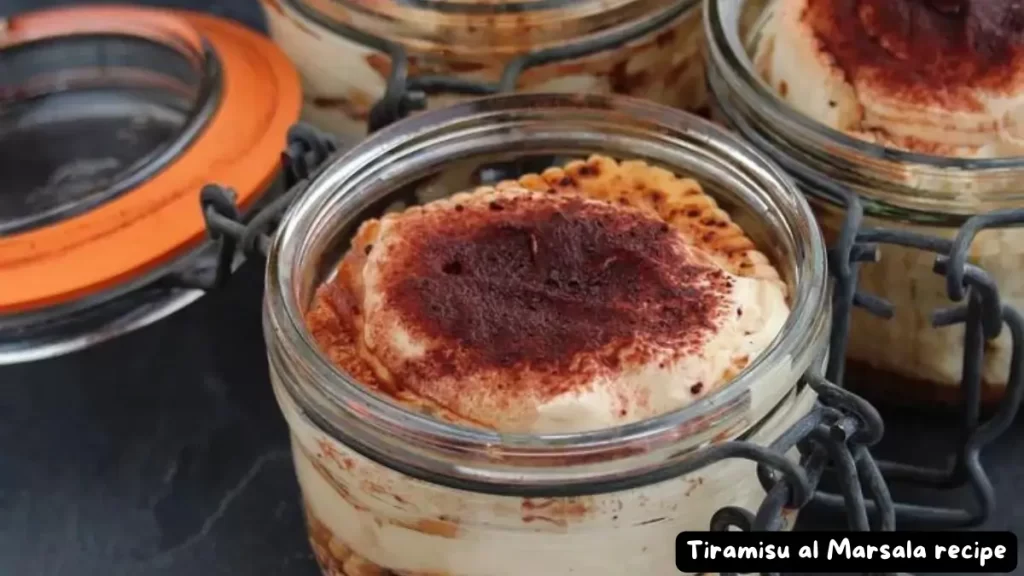 Close-up of Tiramisu al Marsala in glass jars with cocoa powder topping, showcasing an authentic Italian dessert.