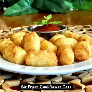 Golden brown cauliflower tots in an air fryer basket