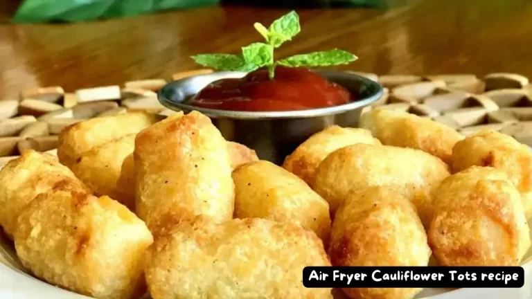 A plate of golden brown air fryer cauliflower tots served with ketchup