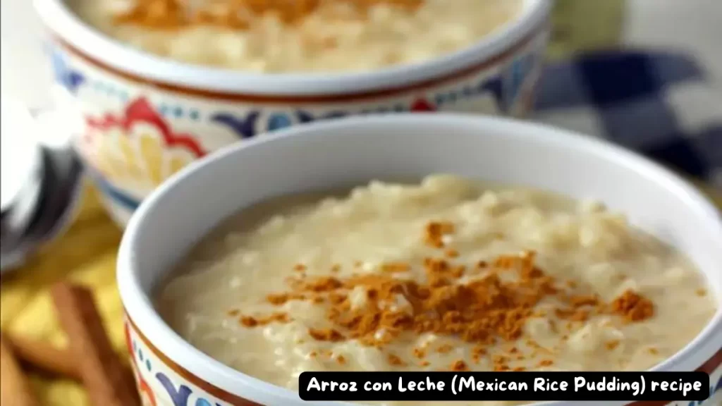 A close-up of a bowl filled with creamy Mexican Arroz con Leche topped with ground cinnamon, served in a colorful ceramic bowl.