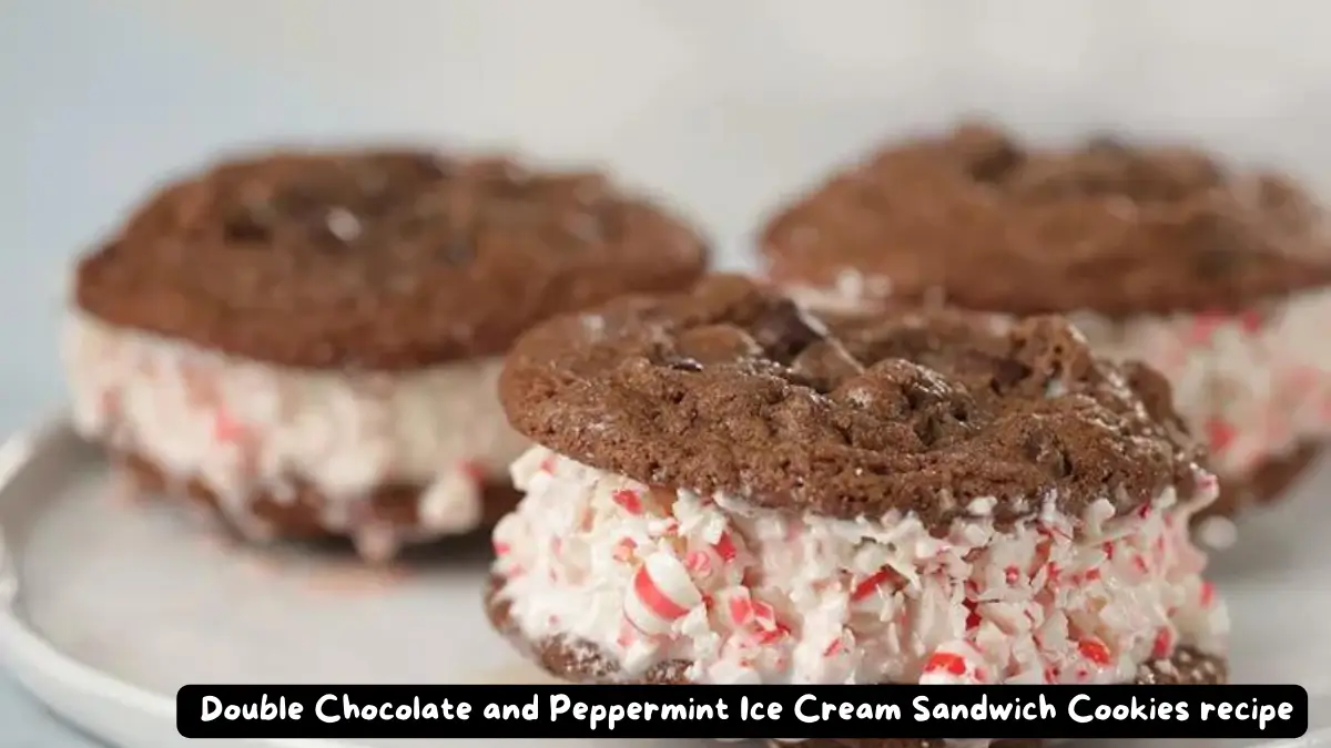 Close-up of double chocolate ice cream sandwich cookies with peppermint candy edges on a plate.