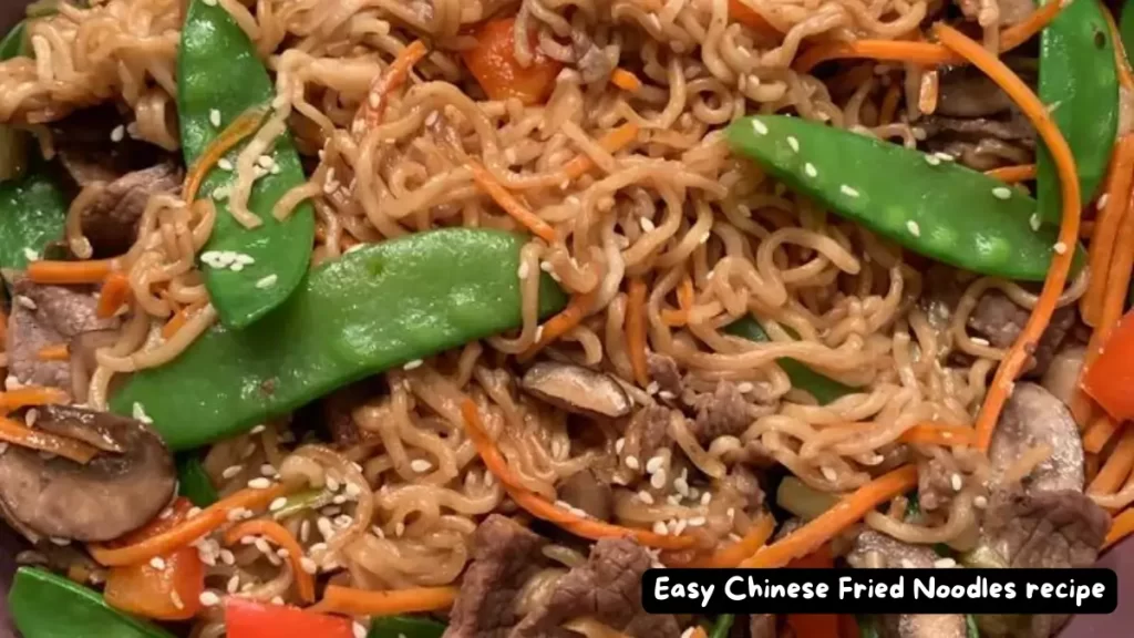 A close-up of Easy Chinese Fried Noodles with vegetables.