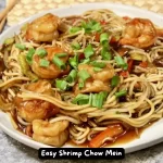 A delicious serving of Easy Shrimp Chow Mein with shrimp, vegetables, and chow mein noodles.