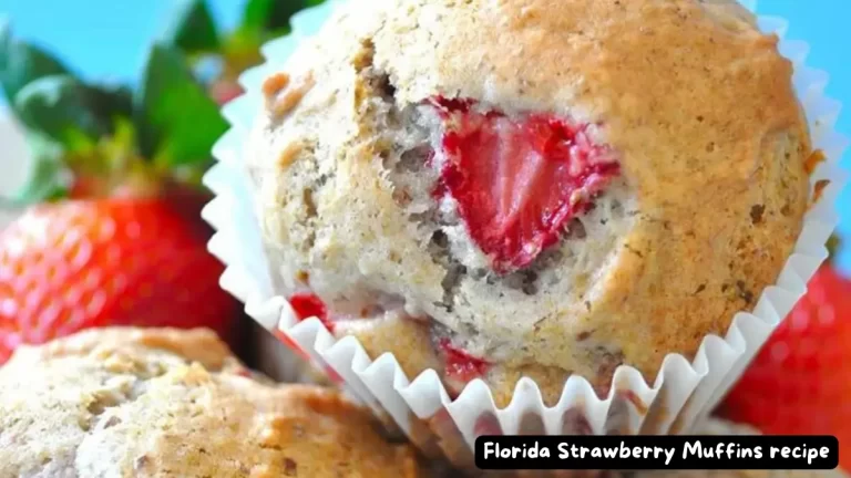 Close-up of Florida Strawberry Muffins showing fresh strawberries and moist texture