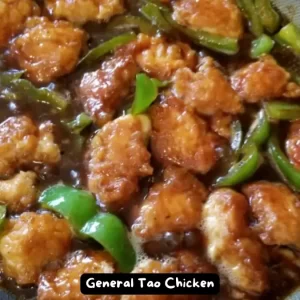 A plate of homemade General Tao Chicken served with steamed rice