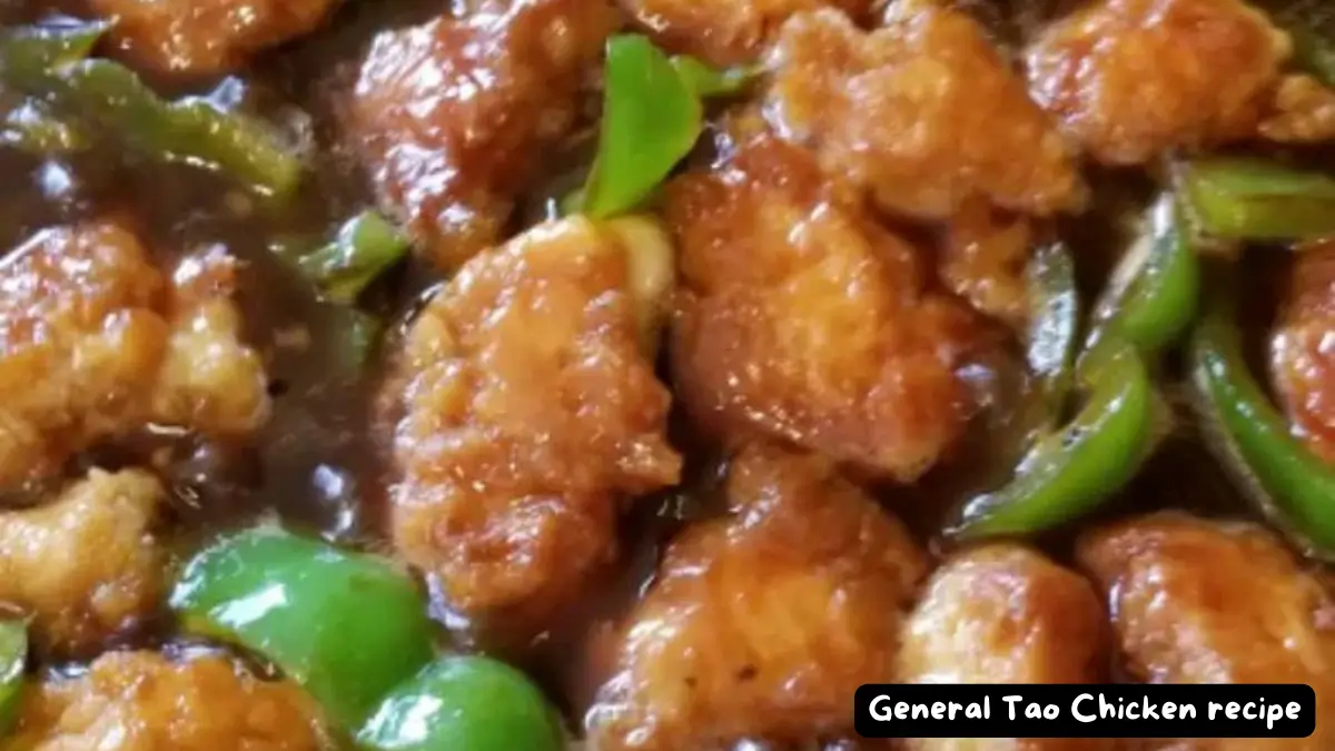 A delicious serving of General Tao Chicken, a sweet and spicy Asian dish, with vibrant colors and flavors.