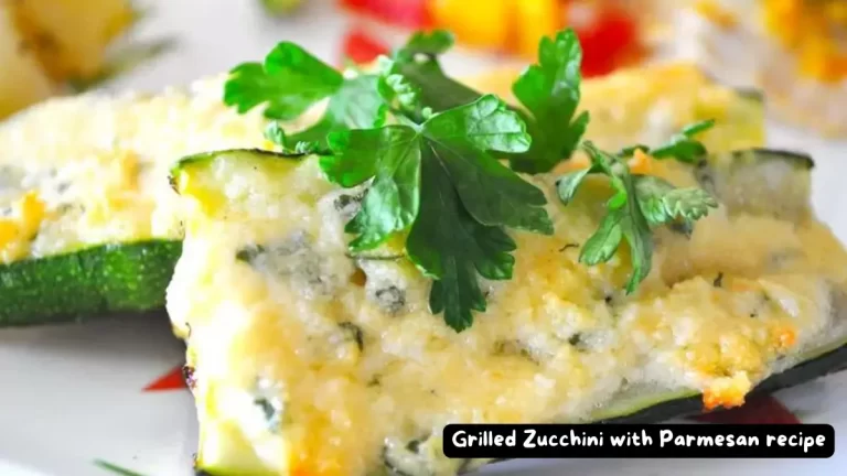 A close-up of grilled zucchini slices topped with melted Parmesan cheese and garnished with fresh parsley.