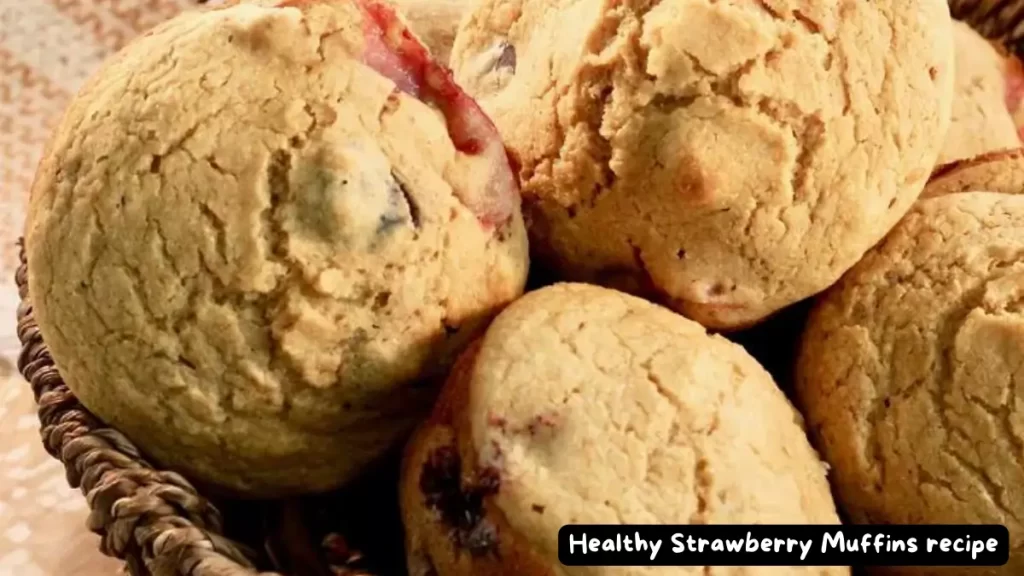A basket of freshly baked healthy strawberry muffins with golden brown tops and hints of strawberries.