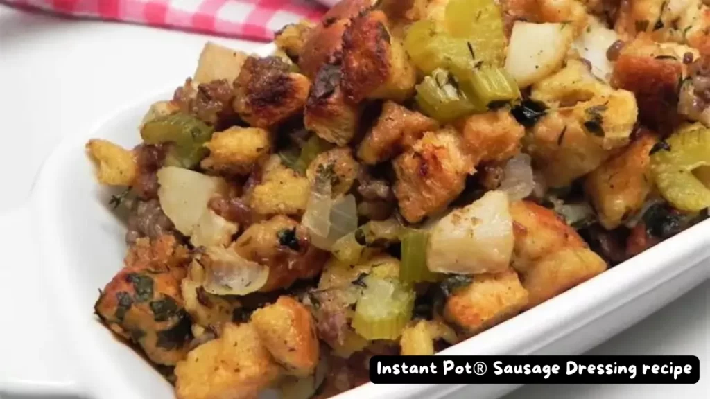 A close-up shot of savory Instant Pot® Sausage Dressing with Italian sausage, celery, and bread cubes.
