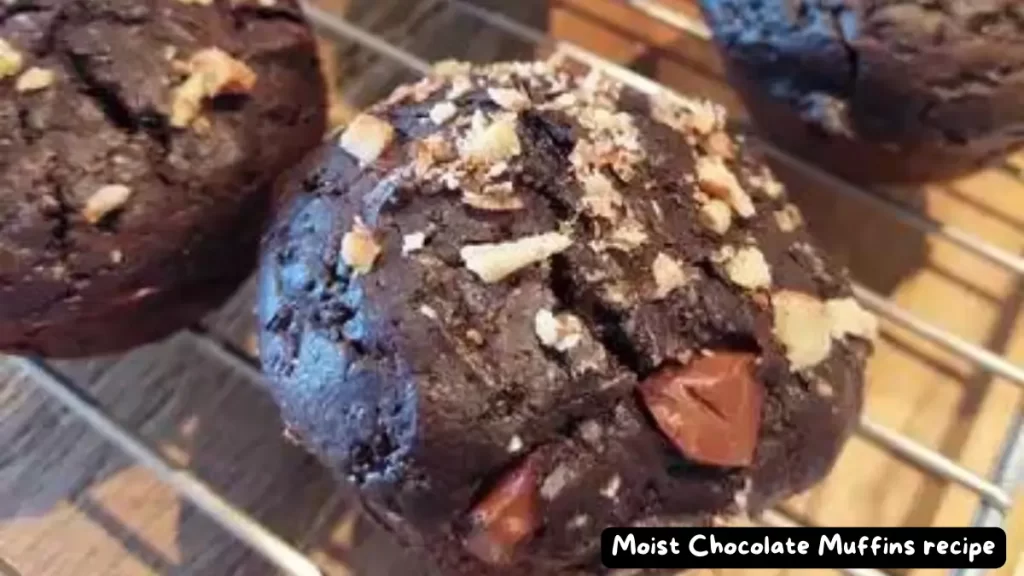 Delicious moist chocolate muffins with chocolate chips cooling on a wire rack.