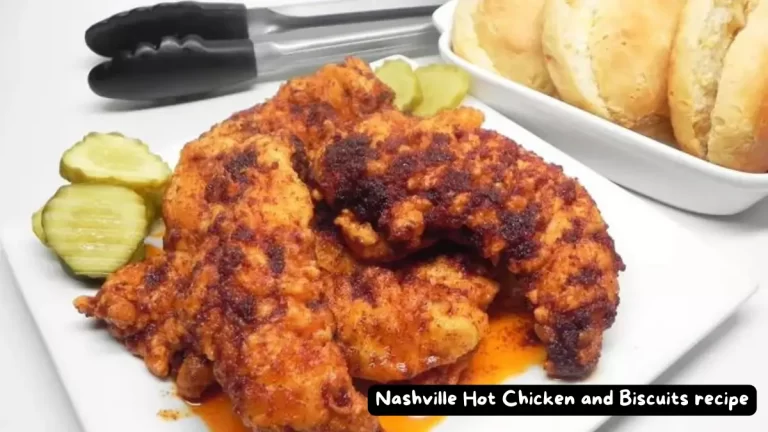 Nashville Hot Chicken and Biscuits served with dill pickle slices and biscuits.