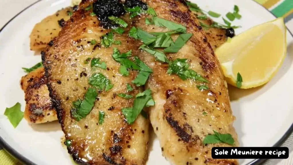A perfectly cooked Sole Meunière fillet garnished with fresh parsley and served with lemon wedges.