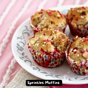 A plate of colorful sprinkles muffins with white chocolate chips.