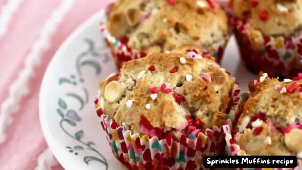 Close-up of colorful sprinkles muffins on a decorative plate.