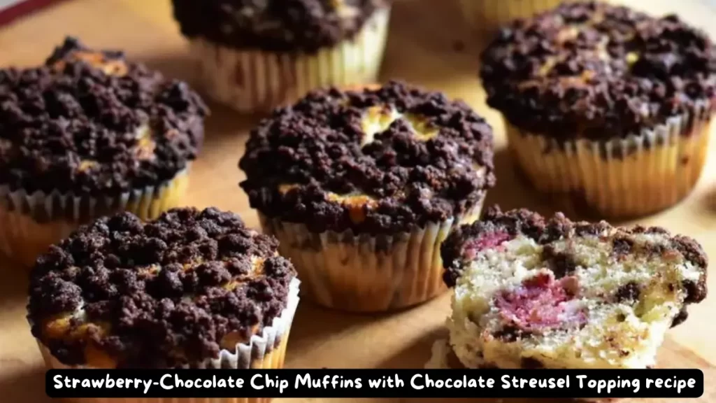 A batch of Strawberry-Chocolate Chip Muffins topped with a rich chocolate streusel.