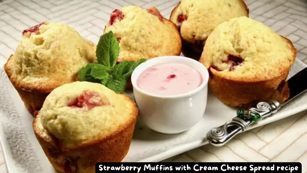 Freshly baked strawberry muffins with a dollop of strawberry cream cheese spread on a plate, garnished with mint leaves.