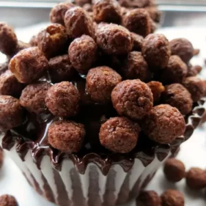 Close-up of a chocolate cupcake topped with chocolate ganache and Cocoa Puff cereal.